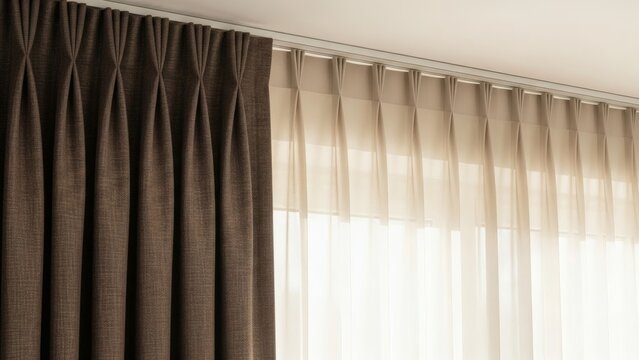 Elegant, double-layered curtains with a thick, textured brown blackout curtain and a sheer white inner layer hang from a modern ceiling track, adding a touch of luxury to the interior.