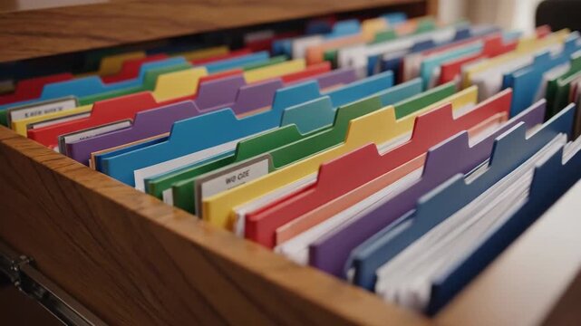 Open File Cabinet Drawer with Colorful Folders - A close-up shot reveals an open wooden file cabinet drawer filled with neatly organized colorful file folders.