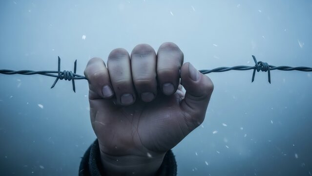 A determined hand tightly grips a strand of sharp barbed wire against a cold, bleak, and snowy background.