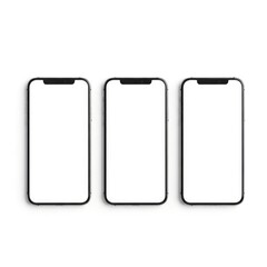 Three blank white screen smartphones side by side ready for content white background