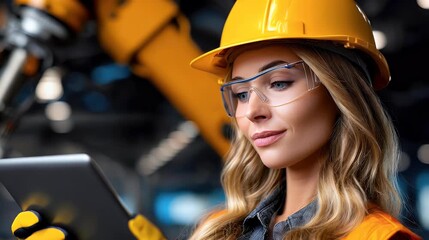Woman in safety gear reviews tablet near industrial machinery