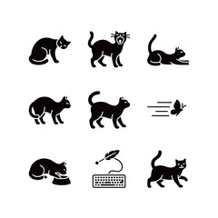 Black Cat Poses and Activities Icon Set with Butterfly and Keyboard