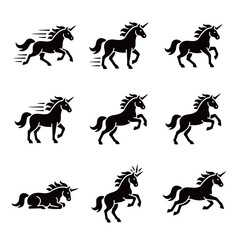 Black Unicorn Running and Prancing Mythical Creature Icon Set