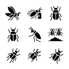 Various Black Beetle and Bug Icons Collection Set Flying and Crawling