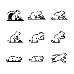 Groundhog Rodent Actions Icon Set Digging Burrowing Eating Running