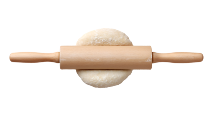 Wooden rolling pin flattening raw dough ball dusted with flour against a stark for baking