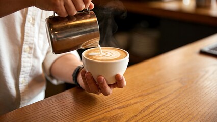 丁寧にミルクを注ぎラテアートを描く手元