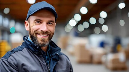 Warehouse worker smiling with digital tablet