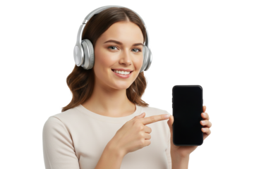 PNG. young woman listening to music. close up of beauty young woman with smartmobile and headphone on transparent background.