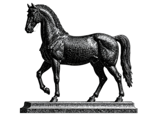 Vintage stipple engraving style statue of horse illustration featuring detailed textured lines and classic hand-drawn etching isolated on white background