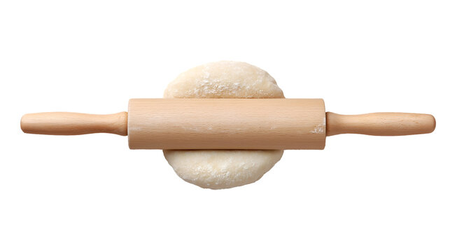 Wooden rolling pin flattening raw dough ball dusted with flour against a stark for baking - Powered by Adobe
