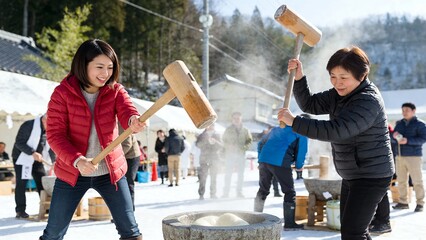 Fototapeta premium 雪景色の中で餅つきを楽しむ二人の女性