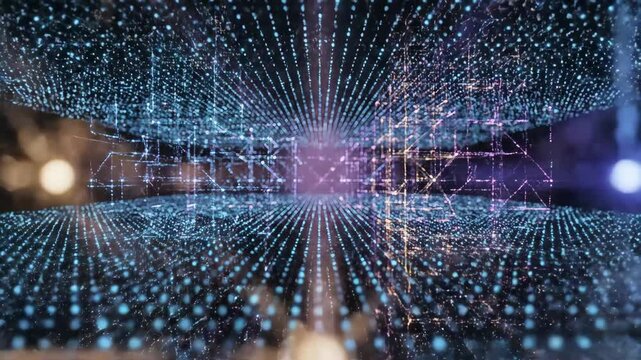 Abstract Data Network Visualization - A futuristic representation of a digital network, the video displays a complex grid of interconnected nodes and lines converging towards a central point.