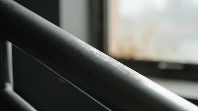 Close-up of shiny metal railing with window in the background.