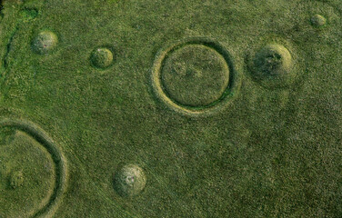 Oakley Down Barrow Cemetery, Dorset. Birdseye view of part of main group. Bronze Age mounds and disc barrows. Inhumation and cremation burials