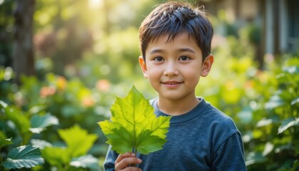Smiling young boy holding a vibrant green leaf in sunny garden