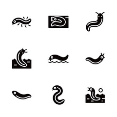 Fototapeta premium Slug and Worm Mollusk Icons Set: Monochromatic Glyphs Illustrating Terrestrial and Aquatic Invertebrates