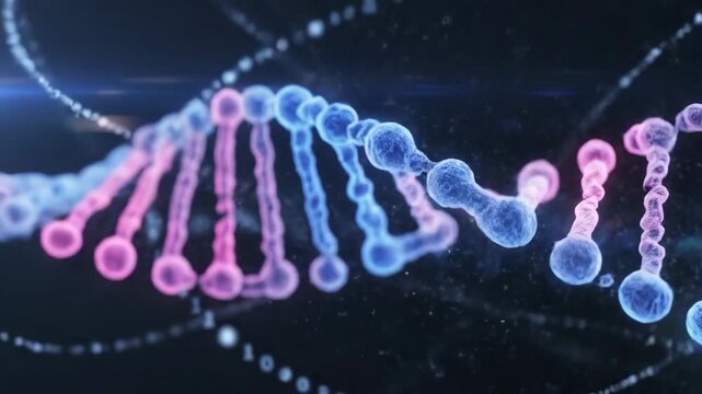 Abstract DNA Strand - A close-up view shows a detailed, colorful video of a DNA double helix structure.