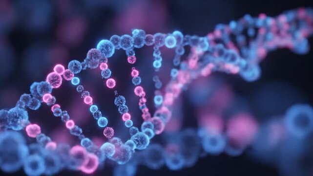 Abstract DNA Structure - This video shows an abstract depiction of a DNA double helix. It features a blurred, stylized video of the DNA structure, with blue and pink spheres representing its