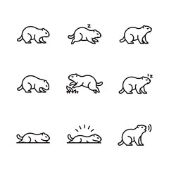 Groundhog and Rodent Icons Set: Outline Vector Glyphs Illustrating Sleep, Alertness, and Various Poses