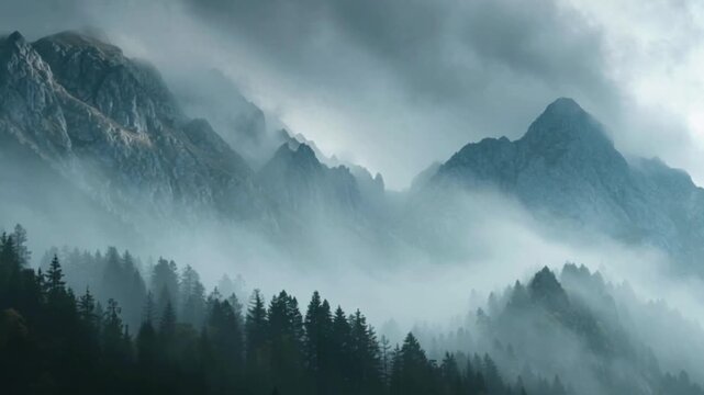 Misty mountain range with pine forest silhouette in moody foggy weather