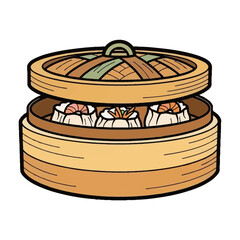 Steaming dim sum dumplings in bamboo basket silhouette isolated on white background