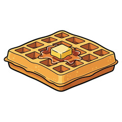 Delicious cartoon waffle with melted butter and syrup silhouette isolated on white background