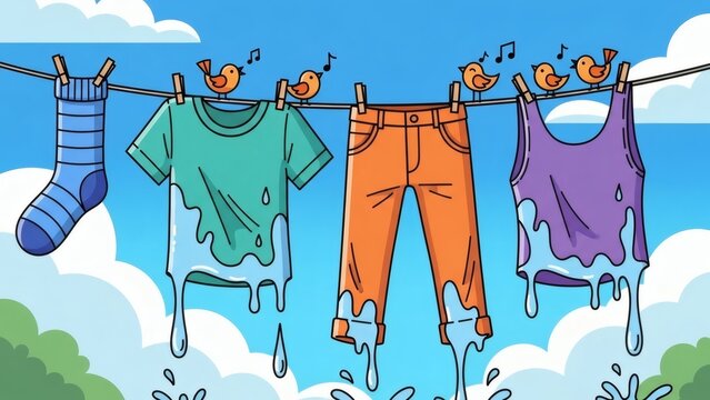 A colorful cartoon illustration of wet laundry, including a sock, t-shirt, and pants, dripping water as they hang from a clothesline with clothespins. Cute birds are chirping on the line.
