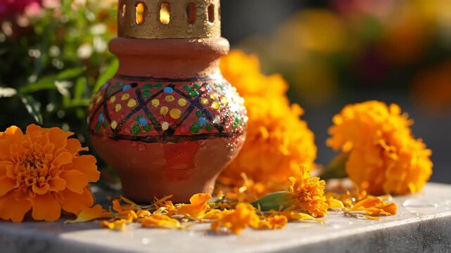 Orange flowers and ceramic vase decoration for festive occasion