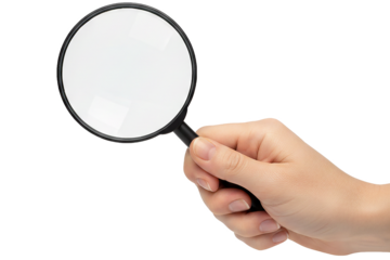 PNG. hand holding magnifying glass. Hand holding a black magnifying glass on transparent background.