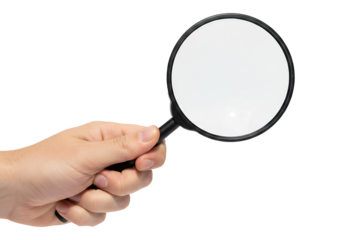 PNG. hand holding magnifying glass. Hand holding a black magnifying glass on transparent background.