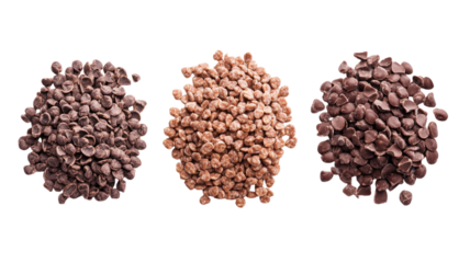 Set of chocolate rice flakes showcasing crispy texture and rich cocoa flavor, perfect for snacking or adding to desserts isolated on white background