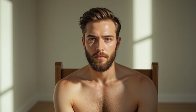Intense Gaze of a Bearded Man Bathed in Natural Sunlight