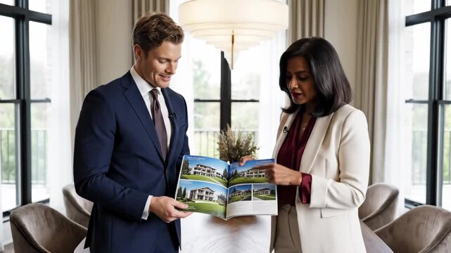 Real Estate Agents Discussing Properties - A man and a woman, both dressed professionally, are standing in a well-lit room, looking at a brochure featuring pictures of homes.