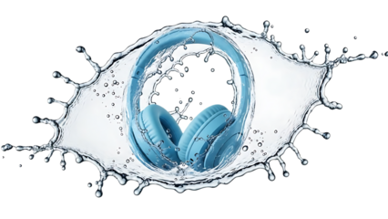 Dynamic water splash forming an eye shape with headphones  isolated on transparent background