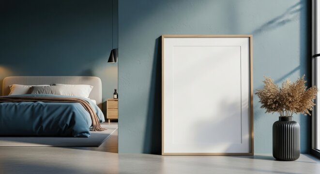 Modern minimalist bedroom interior with large blank canvas frame and cozy bed bathed in soft natural light - Powered by Adobe