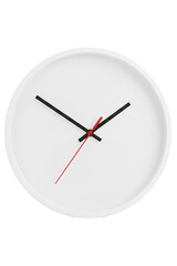 PNG. white wall clock. A minimalist white clock with black hour minute hands and a red second hand displays time on transparent background.