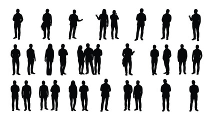 a collection of diverse black silhouettes depicting various human poses and gestures against a clean white background silhouette