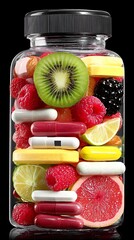 A clear jar filled with colorful pills and fruit pieces against a black backdrop