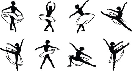 Elegant ballerina silhouette collection showcasing classical ballet dancers in various poses tutus arabesque pirouette plié grand jeté vector illustration set © Creative Vector