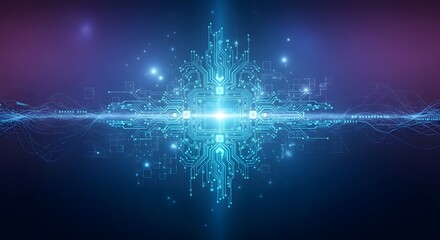 Abstract digital circuitry graphic with bright central light and blue tones