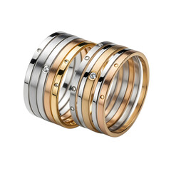 Stackable luxury wedding bands featuring diamonds in white, yellow, and rose gold on a transparent background
