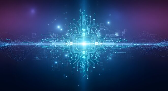 Abstract digital circuitry graphic with bright central light and blue tones - Powered by Adobe