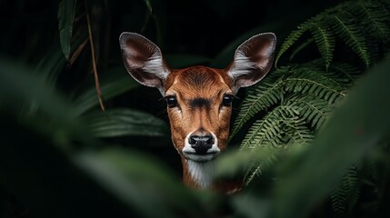 A close-up portrait of a deer gazing out from behind lush green foliage, full of detail