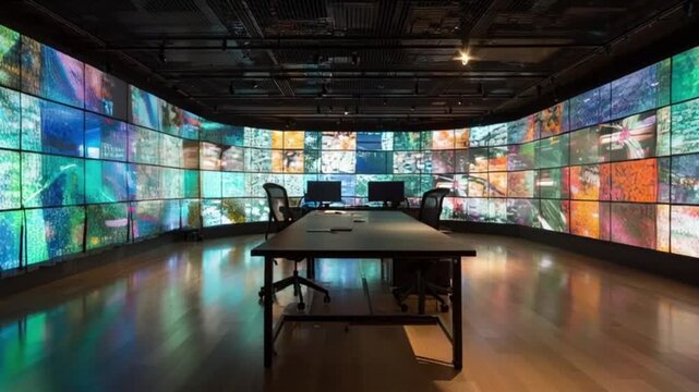 Modern control room with curved video wall displaying abstract colorful content and conference table