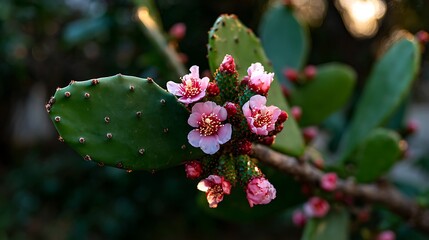 A close-up shot of a blooming prickly pear cactus with delicate pink flowers and green pads