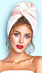 Beautiful young woman with bright blue eyes and radiant skin wears a towel turban, exuding freshness and relaxation in a modern, spa-inspired setting with a soft blue backdrop.