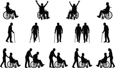Silhouettes of people using wheelchairs, canes, and crutches illustrating mobility support, caregiving assistance, independence, rehabilitation, and inclusive accessibility in everyday life