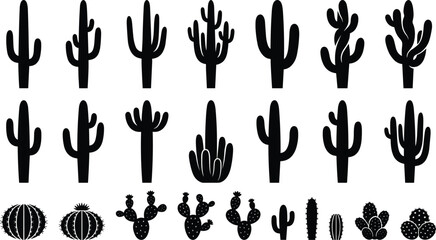 Collection of diverse cactus silhouettes featuring desert plants, succulent shapes, botanical elements, and natural foliage for decorative vector design and creative artwork