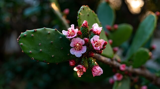 A close-up shot of a blooming prickly pear cactus with delicate pink flowers and green pads - Powered by Adobe
